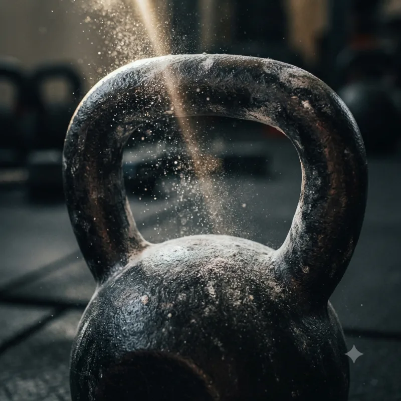 A cast-iron kettlebell dusted with chalk on a dark rubber gym floor.