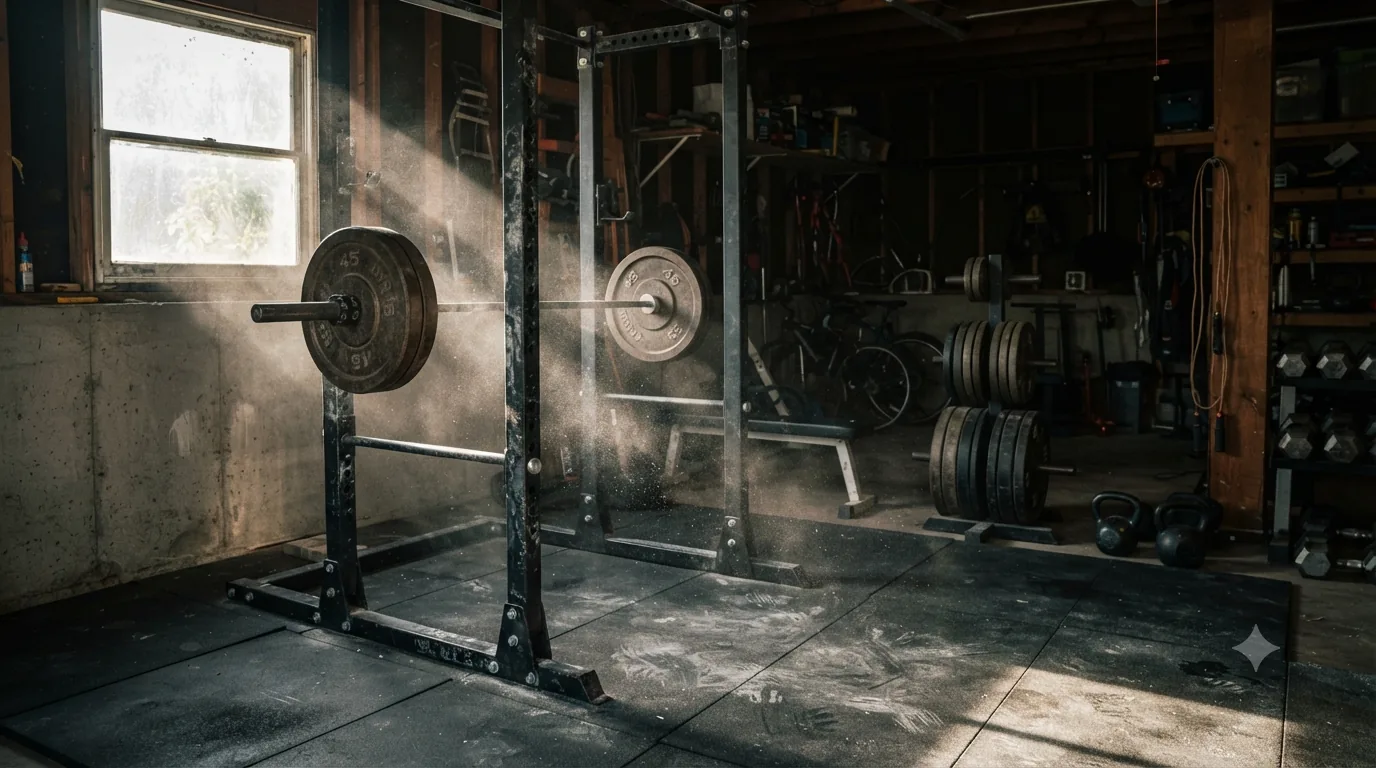 A home garage gym: a loaded barbell resting on a power rack over rubber flooring, chalk dust drifting through a hard shaft of window light, weight plates stacked on a tree behind.