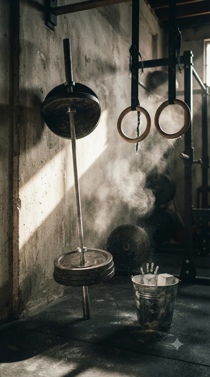 A chalked barbell resting in J-cups on a dark power rack, gymnastic rings hanging behind it in warm side light.